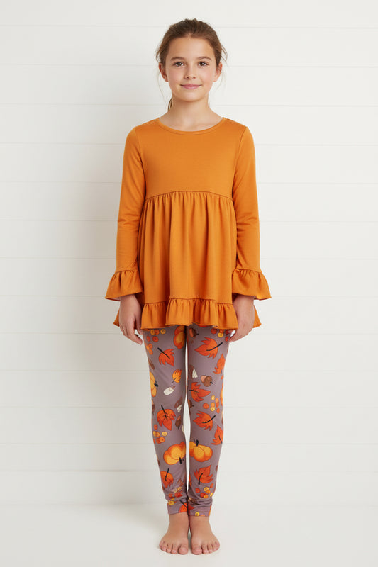 Orange Fall Foliage Ruffle Outfit, girl, set, leggings, top, kids / SALE
