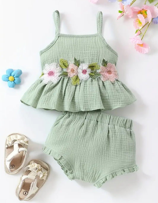 Green Floral Muslin Outfit, , baby, girl, Bodysuit, set, infant