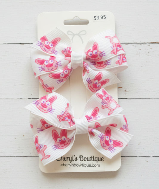 Pink & White Bunnies Hair Bow Set, girl, clip, Easter, kids, pig tails