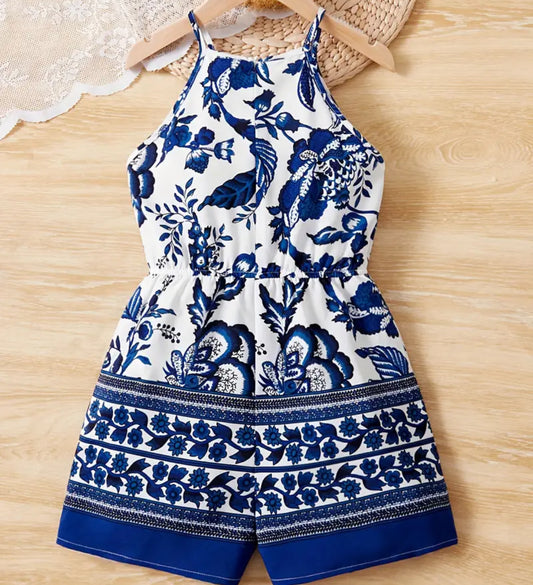 Blue Chinoiserie Print Romper, girl, Jumper, Summer, Floral / SALE: Reg. $16.95