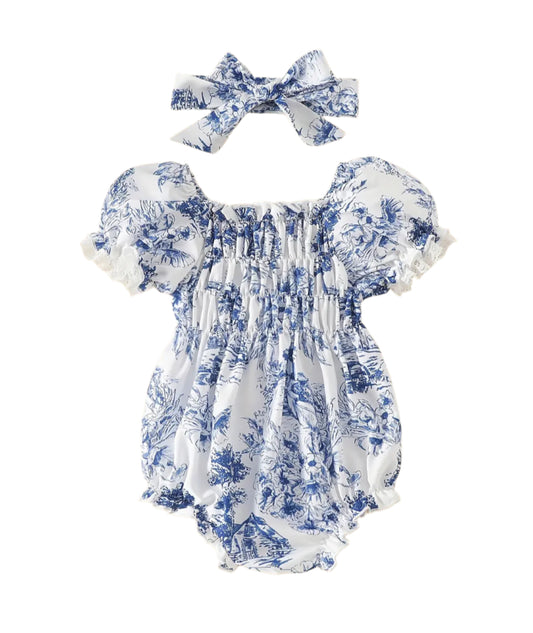 Blue Smocked Floral Romper, Summer, Floral, baby, toddler, girl