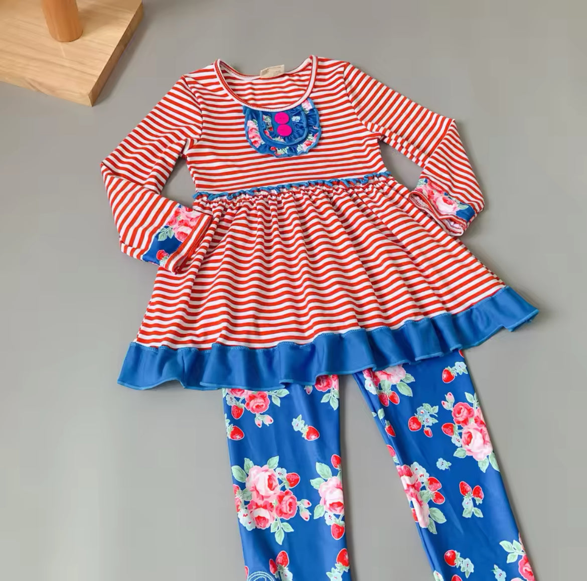 Red & Blue Ruffle Outfit, girl, set, leggings, top, kids