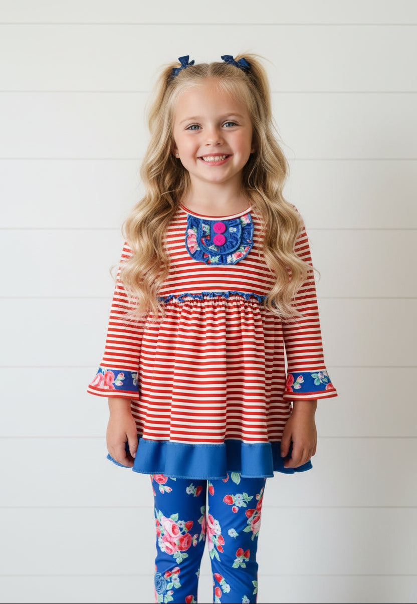 Red & Blue Striped Outfit, girl, set, leggings, top, kids