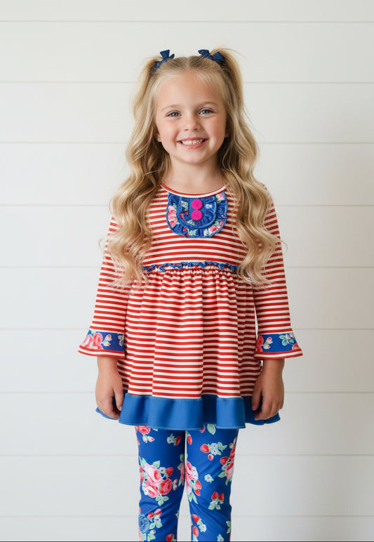 Red & Blue Striped Outfit, girl, set, leggings, top, kids / SALE
