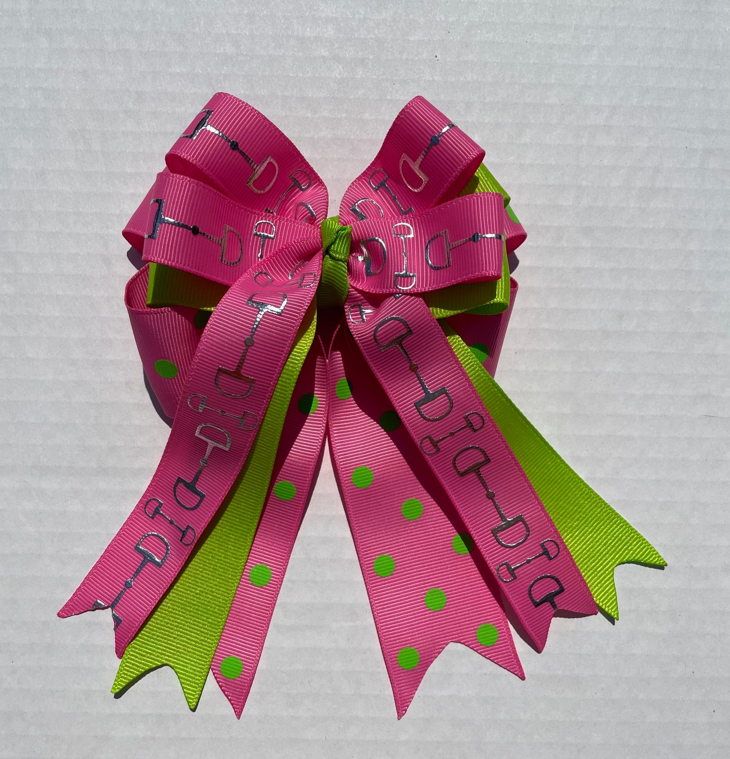 Equestrian Hair Bow, Tails, Horse Show, Bright Green, Pink Polka Dot