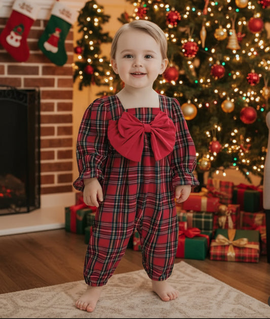 Red Tartan Plaid Holiday Romper w/Headband, Baby, Infant, Winter, Christmas