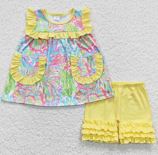 Yellow Coral Ruffle Short Set, girl's, outfit, clothing