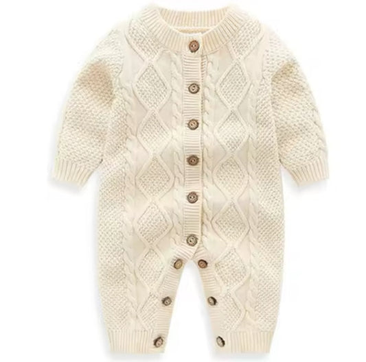 Knit Unisex Cream Cable Romper, Baby, Infant