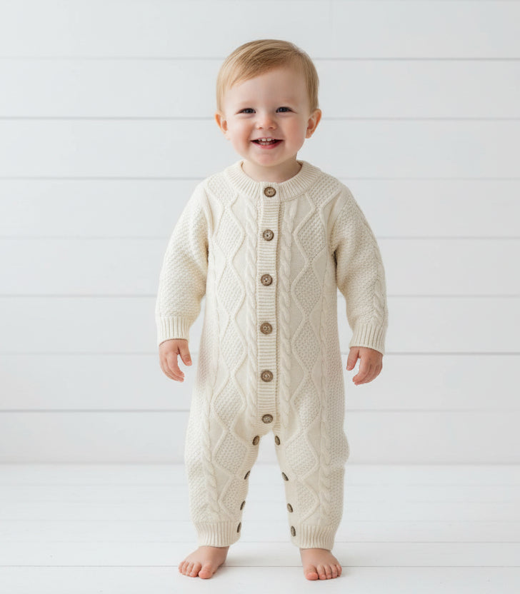 Knit Unisex Cream Cable Romper, Baby, Infant, unisex, Winter / SALE