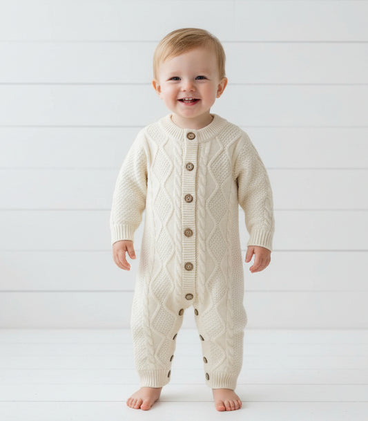 Knit Unisex Cream Cable Romper, Baby, Infant, unisex, Winter / SALE