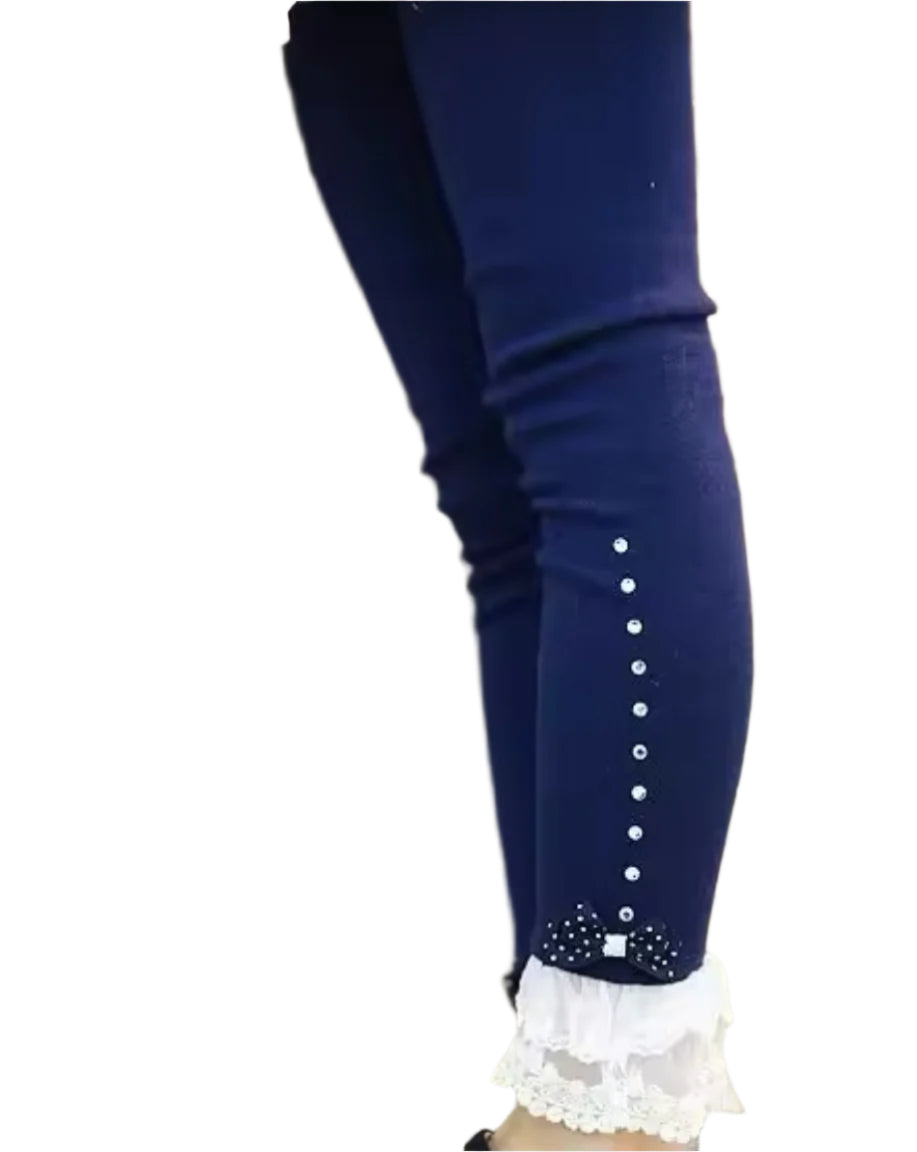 Boutique Cotton Lace & Rhinestone Leggings, 4 Colors, girl, pants, bow