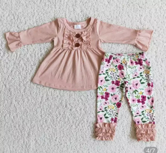 Pink Floral Ruffle Outfit, girl's, Set, Back to School, leggings