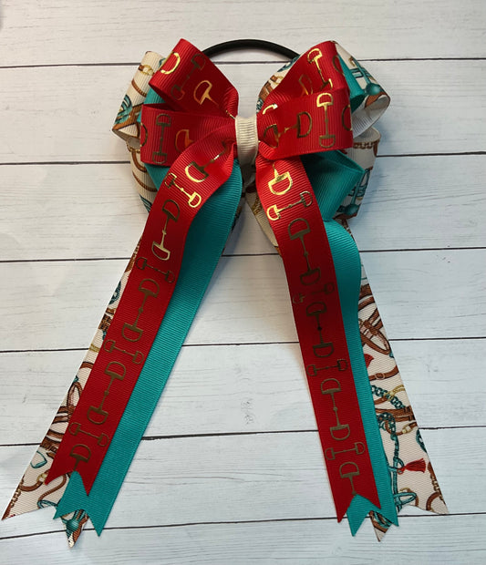 Equestrian Hair Bow, Tails, Horse Show, Red, Blue