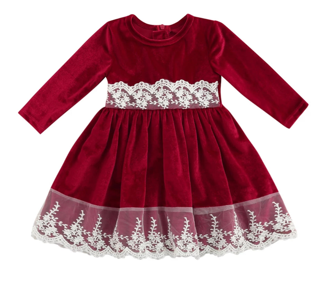 Velvet & Lace Stretch Dark Red Dress, girls, holiday, wedding. Valentine's, Christmas