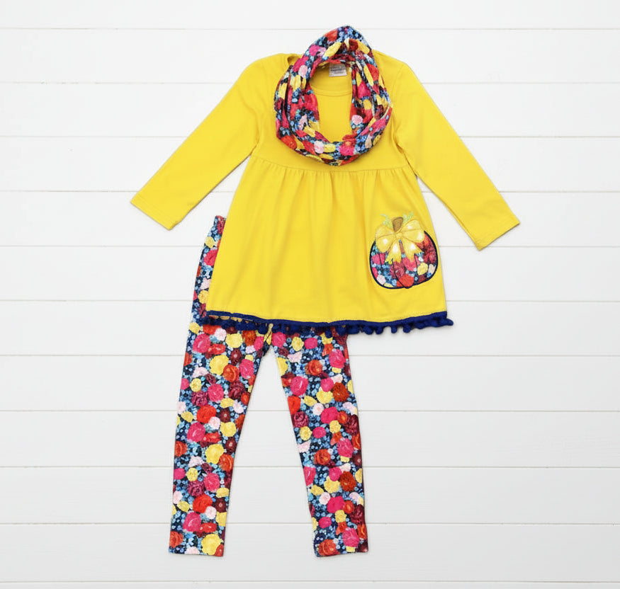 3 Piece Floral & Pumpkin Outfit, girls, leggings / SALE