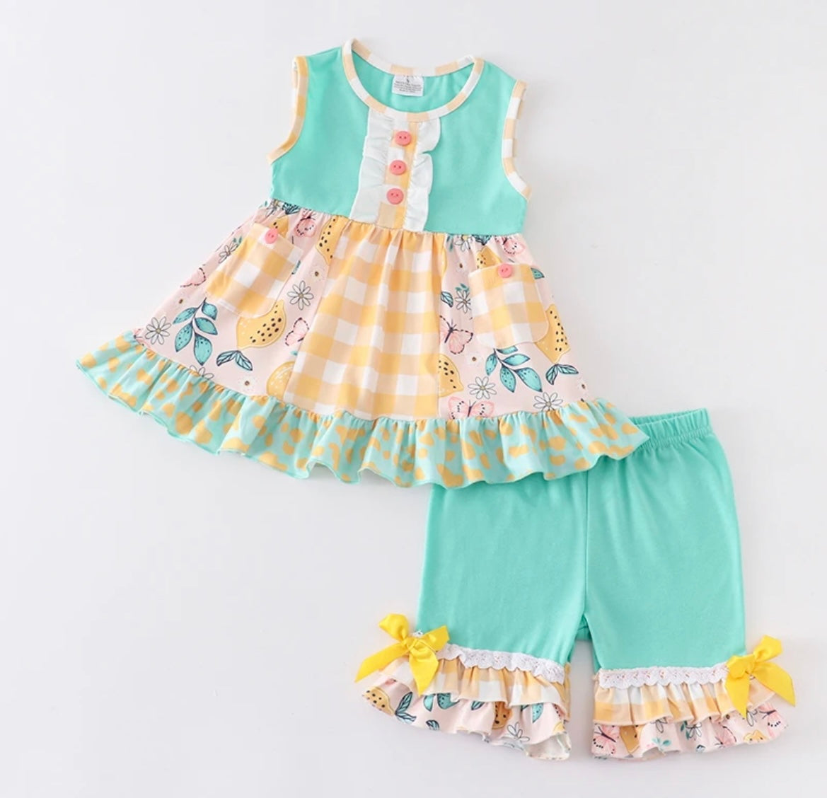 Aqua Blue & Yellow Floral & Check Ruffle Short Set / SALE: Reg. $22.95