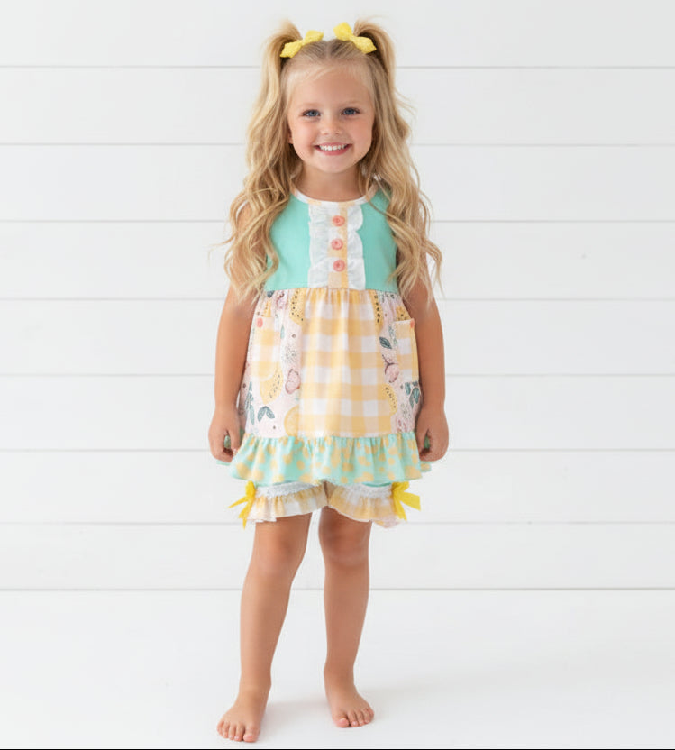 Aqua Blue & Yellow Floral & Check Ruffle Short Set