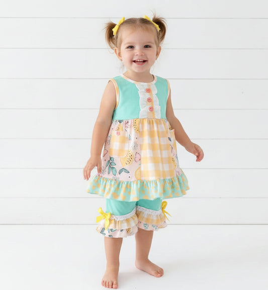 Aqua Blue & Yellow Floral & Check Ruffle Short Set