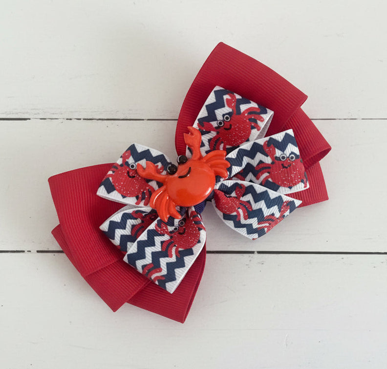 Crab Print Hair Bow, girl, clip, vacation, beach, Summer