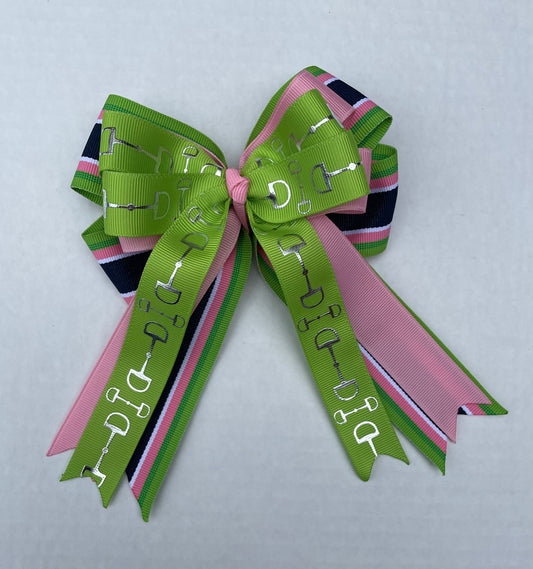 Equestrian Hair Bow, Tails, Horse Show, Navy, Green & Pink