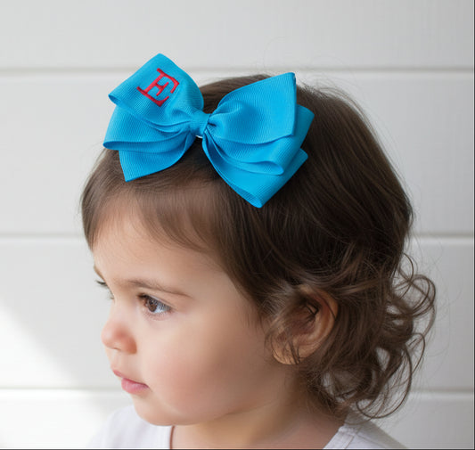 Turquoise Monogrammed Hair Bow w/Red Initial, Personalized