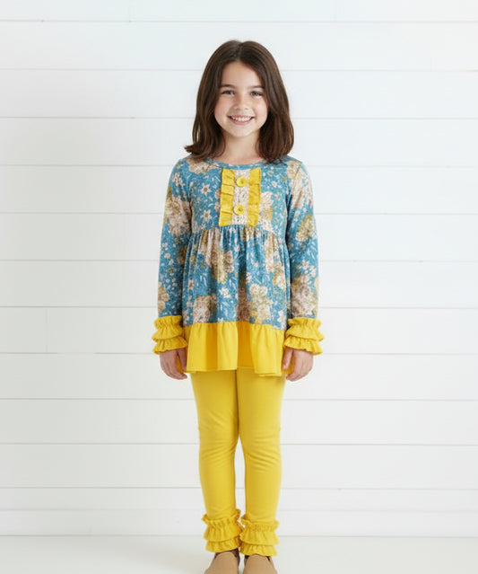 Yellow & Blue Floral Ruffle Outfit, girl's, kids, clothing, set / SALE