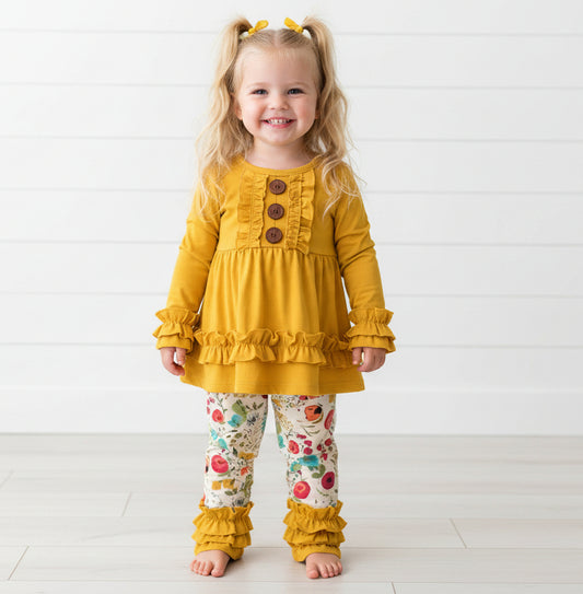 Yellow Floral Ruffle Outfit, girl's, Set, Spring, Easter, Back to School, kids / SALE