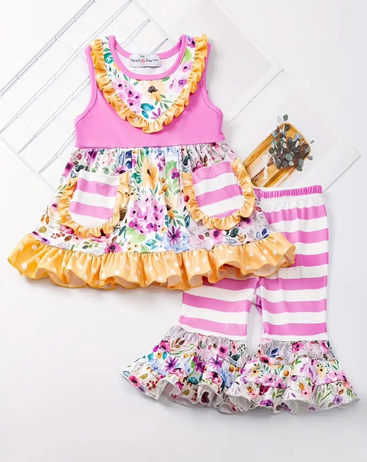 Pink & Yellow Ruffle Flower Short Set, girl's, stripes, Milk Silk, kids