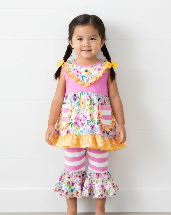 Pink & Yellow Ruffle Flower Outfit, girl's, stripes, Milk Silk, kids
