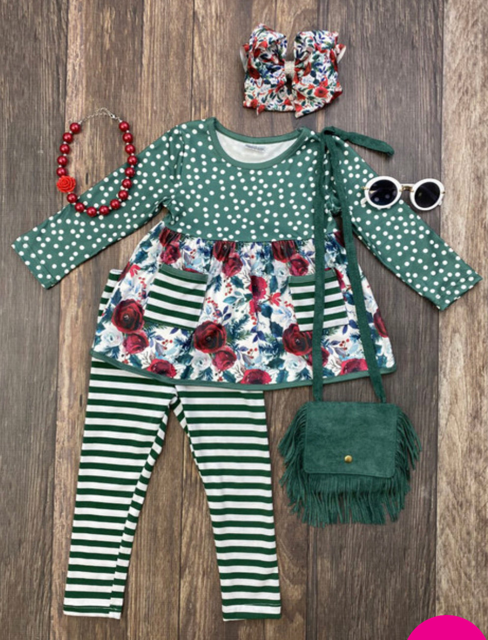 Green & Red Roses & Striped Outfit, girls, kids, holiday