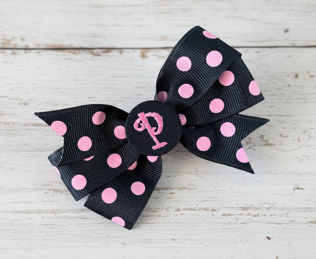 Black/Pink Small Polka Dot Initial Hair Bows, Clip, Personalized, pinwheel