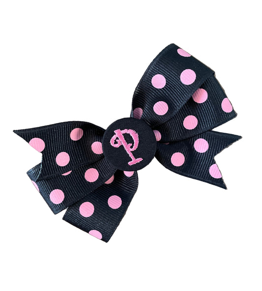 Black/Pink Small Polka Dot Initial Hair Bows, Clip, Personalized, pinwheel