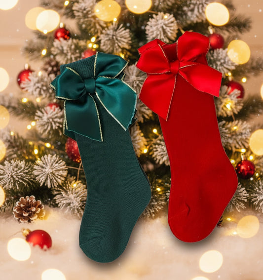 Knee Socks with Gold Trimmed Bow, Kids, girl, school, holiday, Red, Green