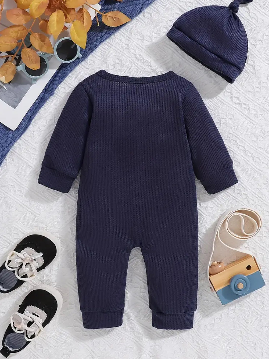 Blue Waffle Texture Romper with Hat, infant, clothing, baby