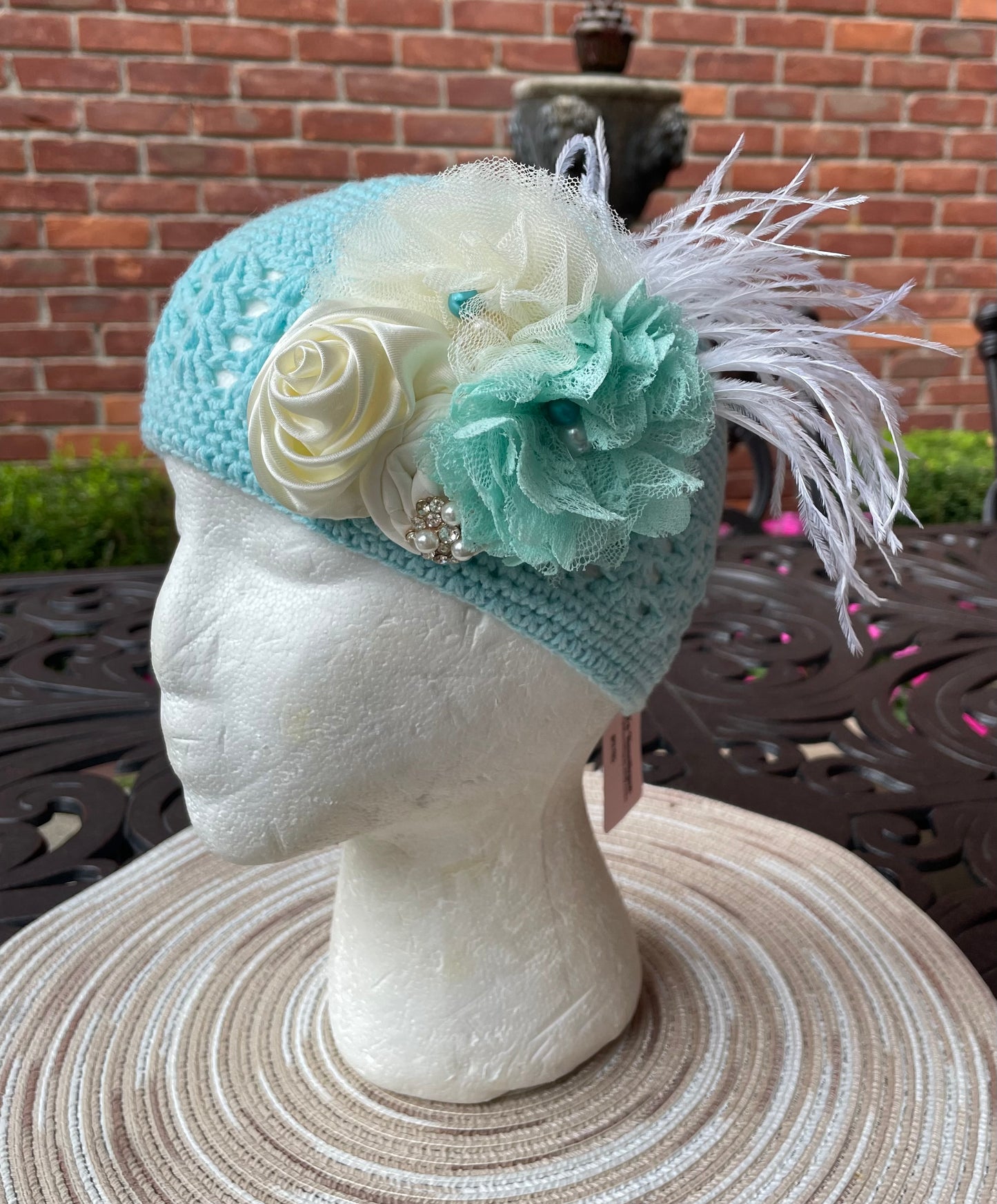 Boutique Robin's Egg Blue Knit Hat, Cap, Girl, Flower