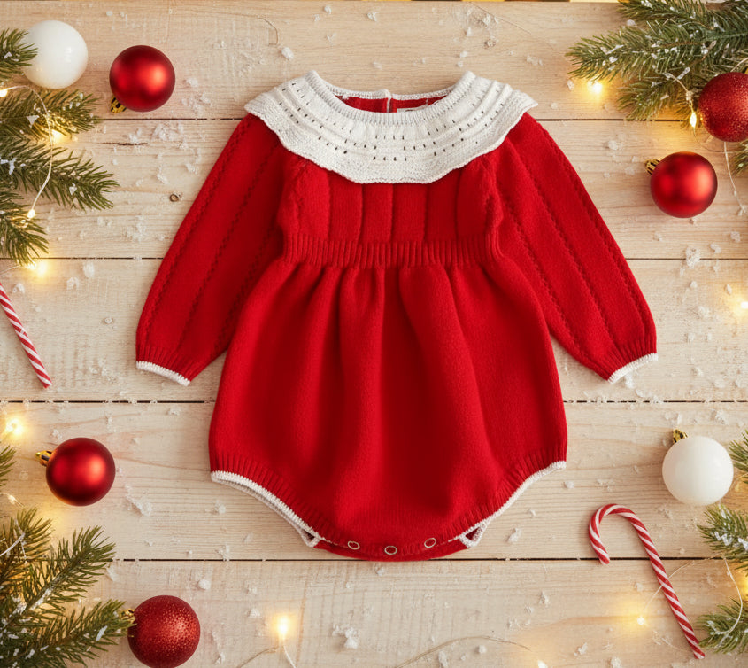 Red Knit Collared Romper, girl, baby, holiday, gift, onesie, Christmas