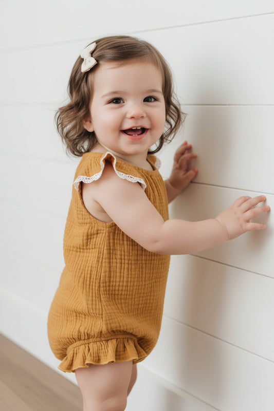 Mustard or Khaki Muslin Romper, Infant, Toddler, baby, girl