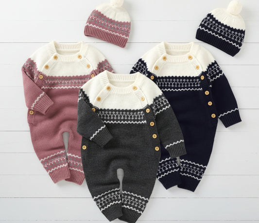 Knit Unisex Romper with Matching Hat, Set, Kids, Winter / SALE