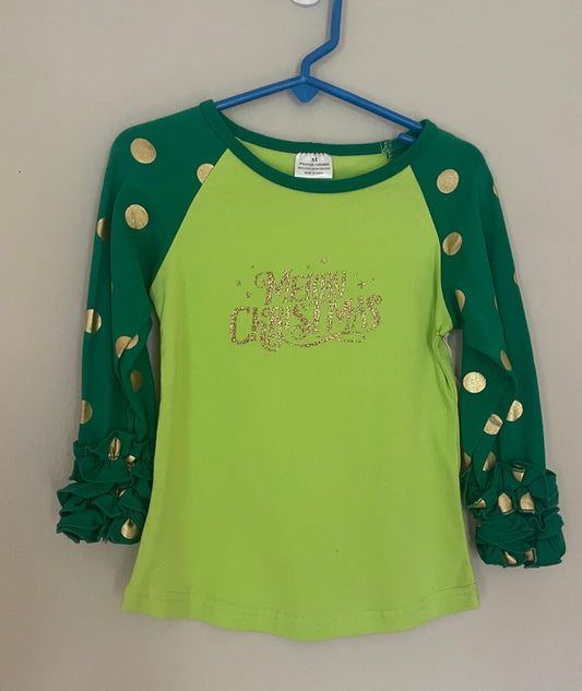 Merry Christmas Green Ruffle Shirt, girl's, holiday