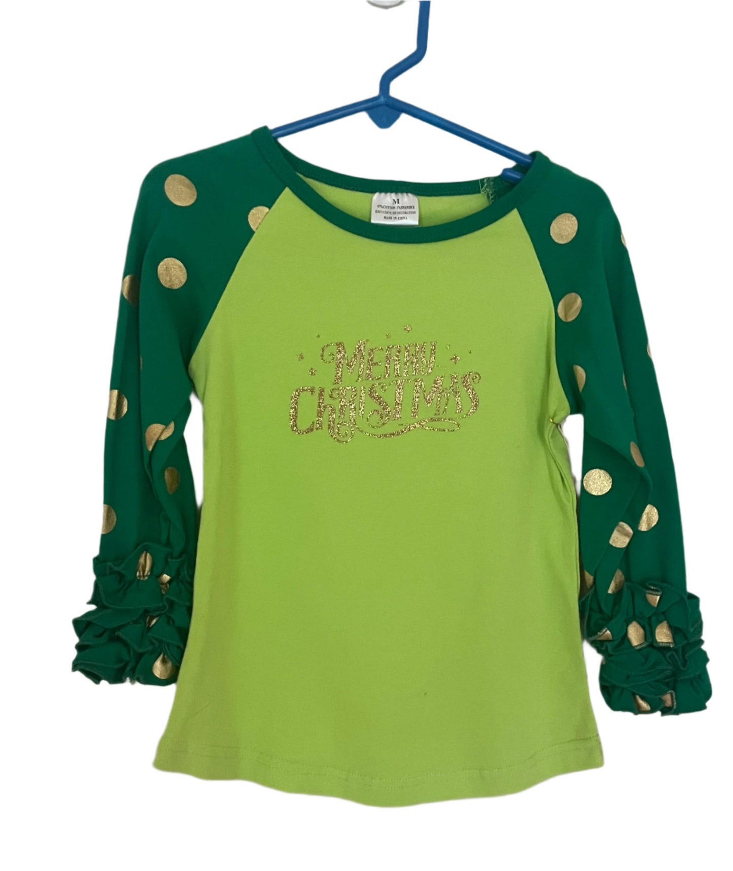 Green & Gold Polka Dot Raglan Ruffle Shirt, girl's, holiday, Christmas, kids