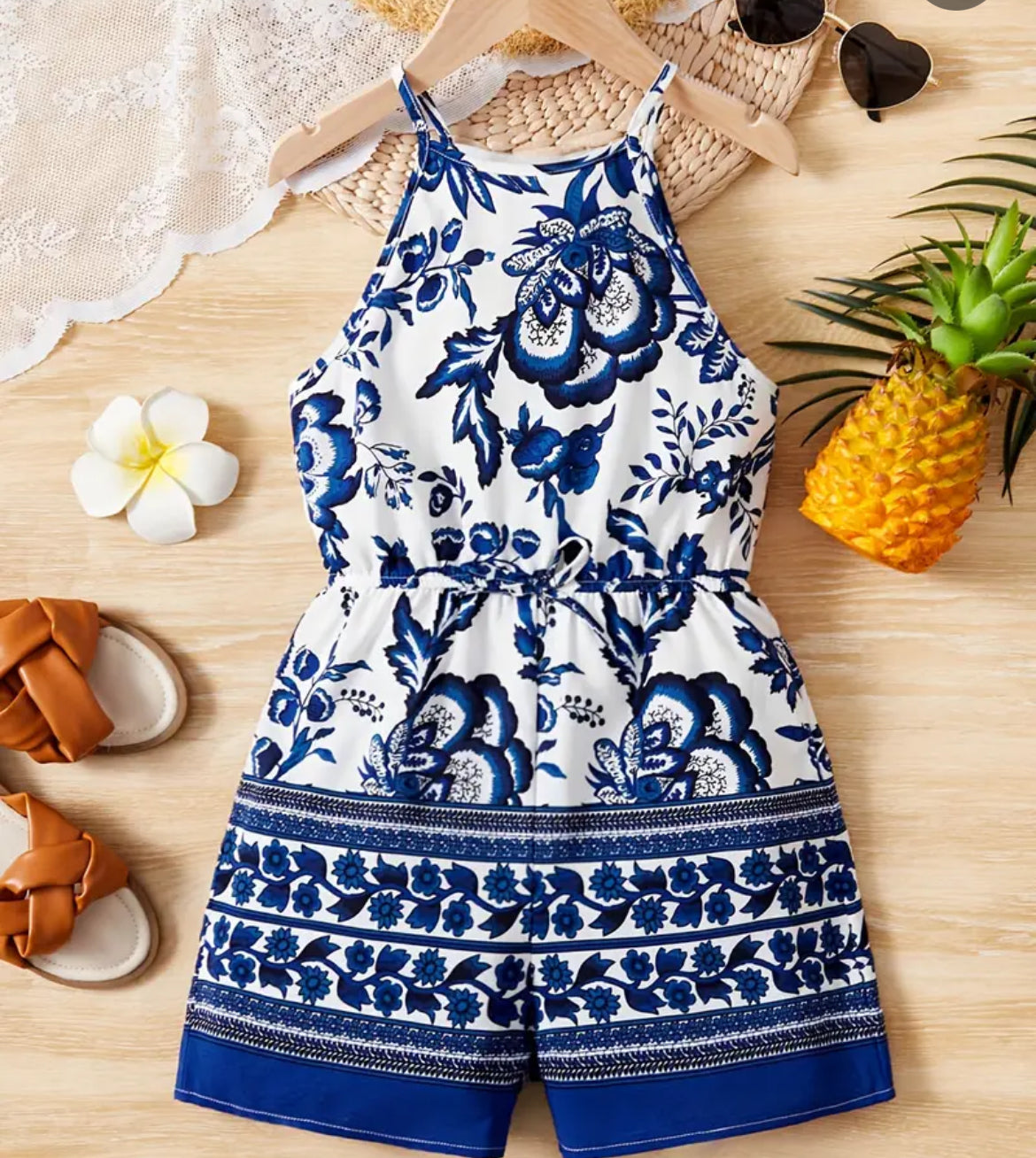 Blue Chinoiserie Print Romper, girl, Jumper, Summer, Floral / SALE: Reg. $16.95