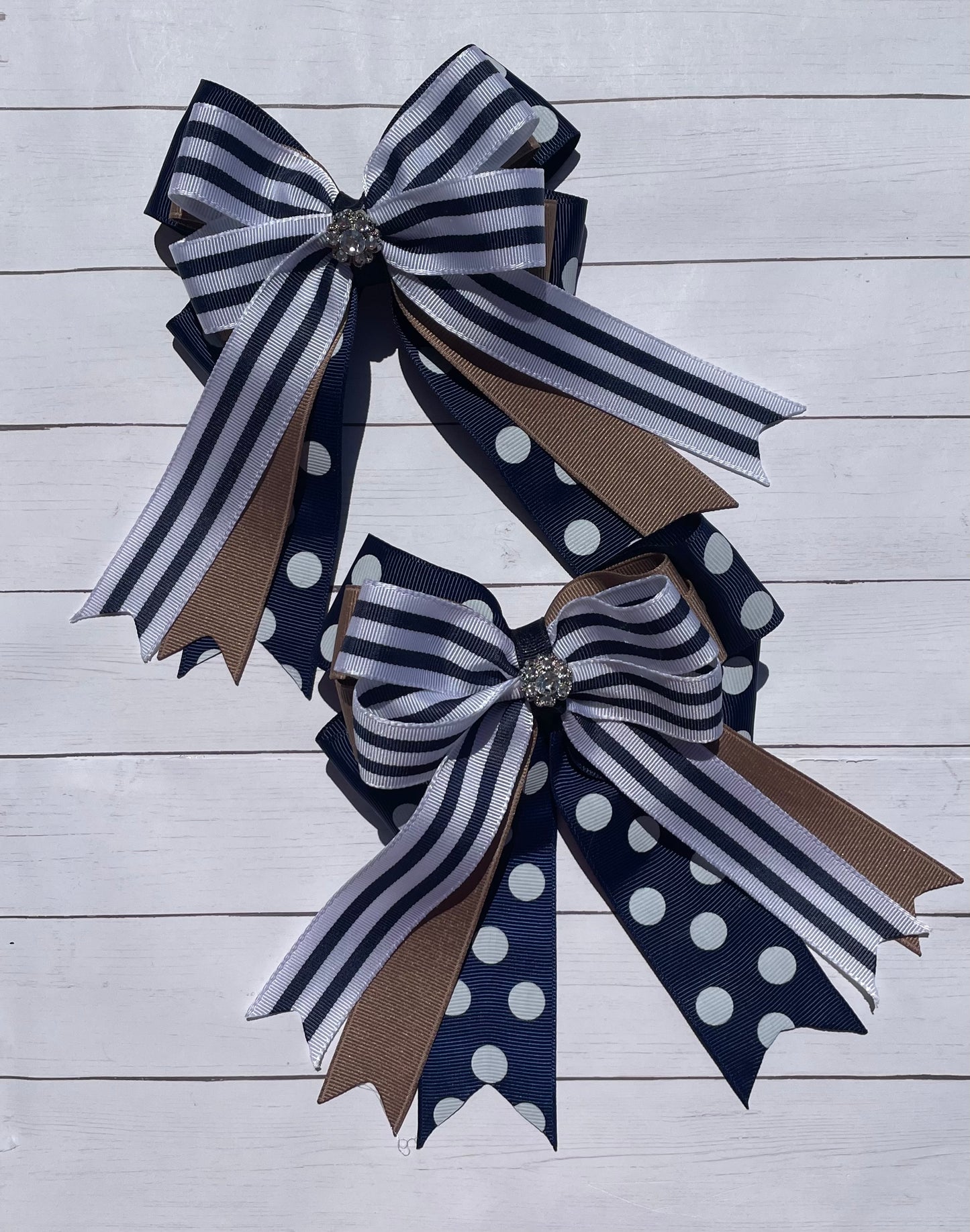 Equestrian Bow, Navy Blue, Khaki & White, Polka Dot, Stripes, Horse