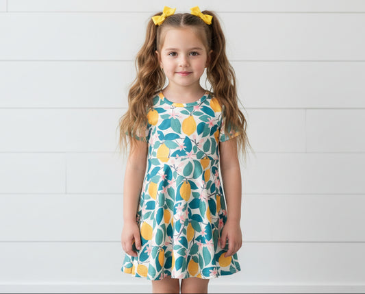 Lemon Squeeze Twirl Dress, girl, kids, Short Sleeve, Milk Silk, Easter, Spring