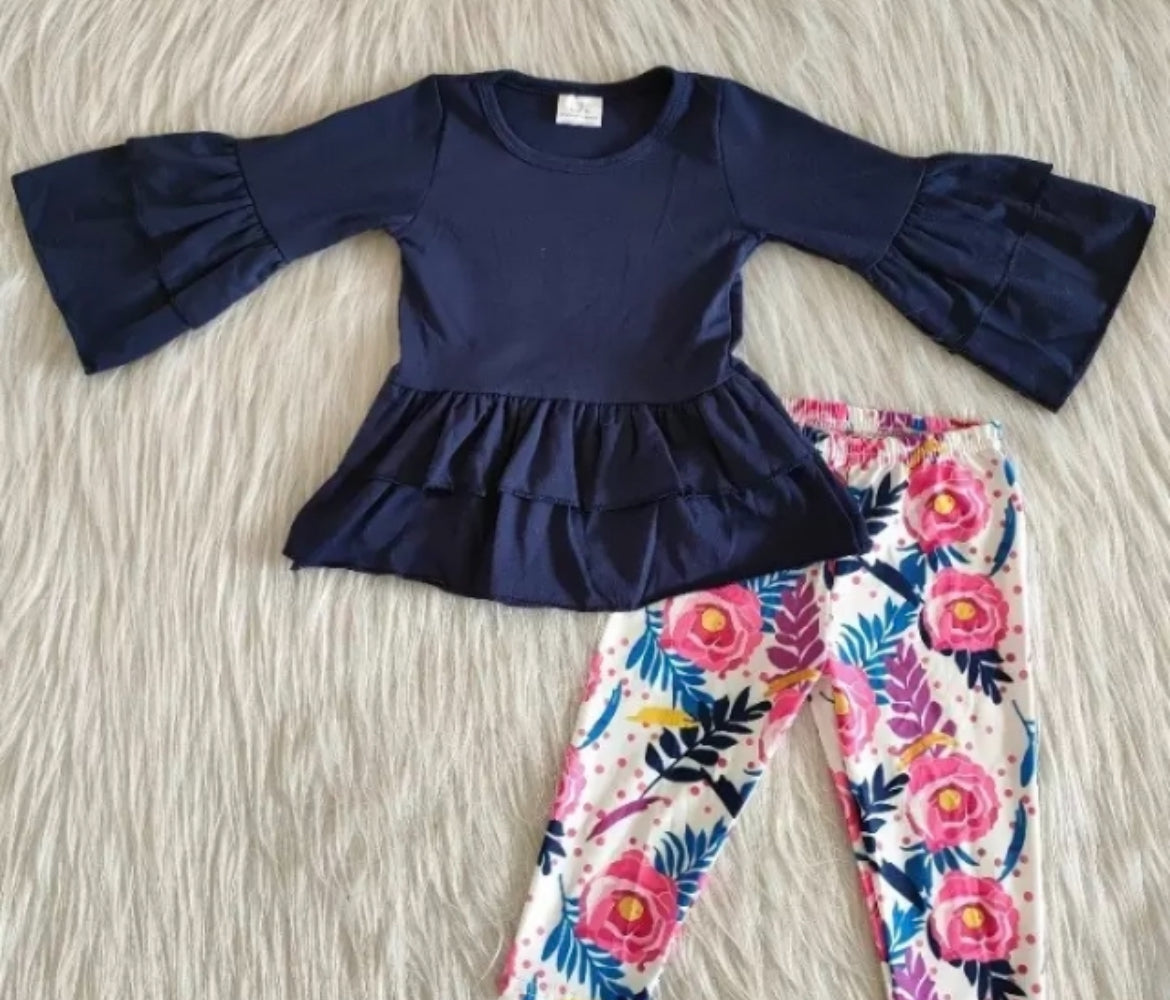 Girl's Rose Flower Outfit, set, leggings, top, bell sleeve