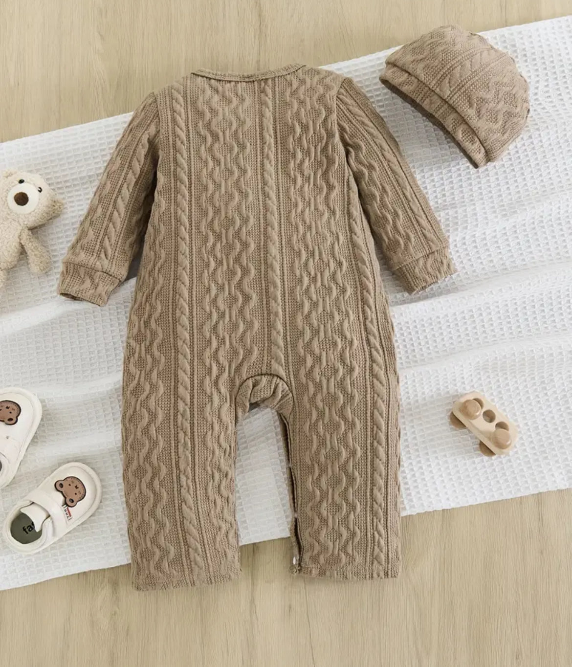 Knit Unisex Taupe Cable Romper w/Hat, Baby, Infant, gift