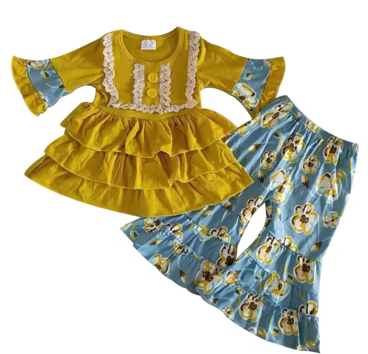 Blue & Yellow Floral Ruffle Boutique Outfit, girls, kids, Milk Silk, set