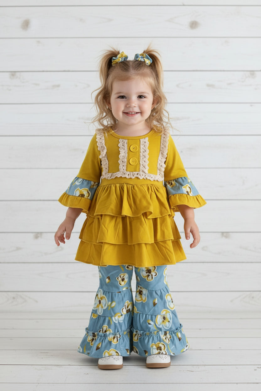 Blue & Yellow Floral Ruffle Boutique Outfit, girls, kids, Milk Silk