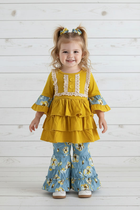 Blue & Yellow Floral Ruffle Boutique Outfit, girls, kids, Milk Silk