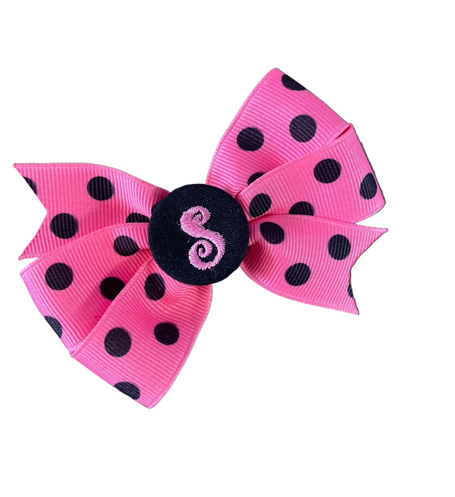 Bubble Gum Pink/Black Small Polka Dot Initial Hair Bows, Clip, Personalized, pinwheel