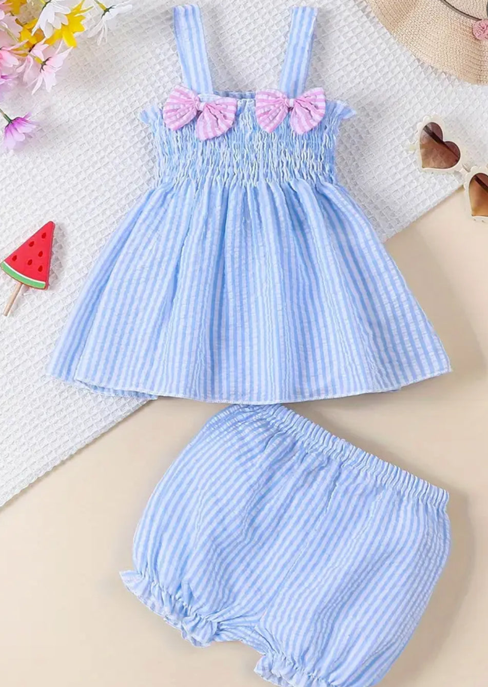 Blue Striped Seersucker Short Set, girls, kids, outfit